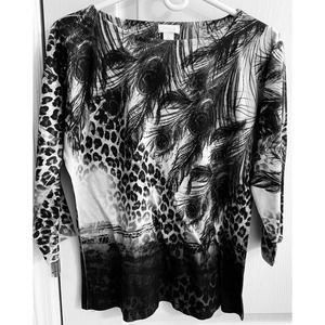 CHICO Blouse Black/White Peacock Design  Size 0 (Small 4-6)